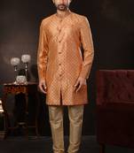 Peach computer amrodery booti with thread work mens  sherwani