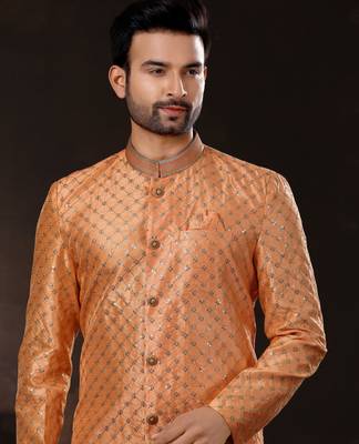 Peach computer amrodery booti with thread work mens  sherwani 2