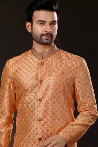 Peach computer amrodery booti with thread work mens  sherwani