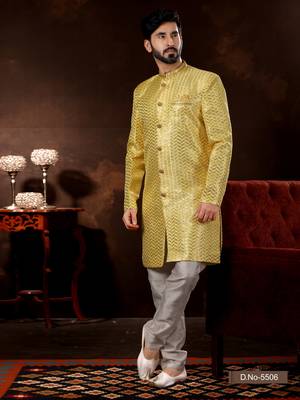 Yellow computer amrodery booti with thread silver zari work mens  sherwani 1