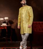 Yellow computer amrodery booti with thread silver zari work mens  sherwani