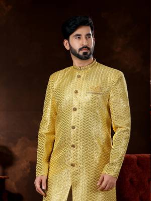 Yellow computer amrodery booti with thread silver zari work mens  sherwani 2