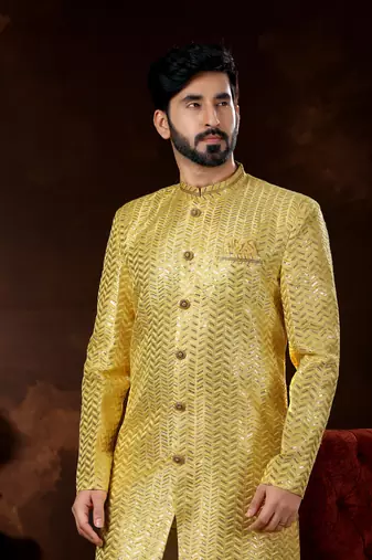 Yellow computer amrodery booti with thread silver zari work mens  sherwani