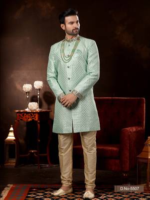 Mint  computer amrodery booti with thread silver zari work mens  sherwani 1