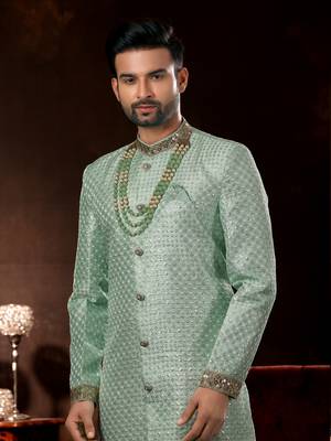 Mint  computer amrodery booti with thread silver zari work mens  sherwani 2