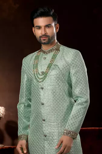 Mint  computer amrodery booti with thread silver zari work mens  sherwani