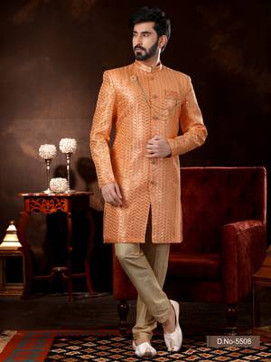 Peach computer amrodery booti with thread silver zari work mens  sherwani 1