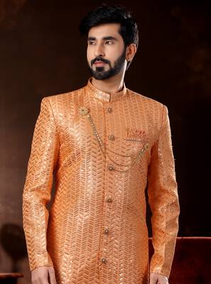 Peach computer amrodery booti with thread silver zari work mens  sherwani 2