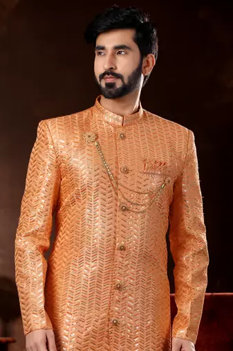 Peach computer amrodery booti with thread silver zari work mens  sherwani