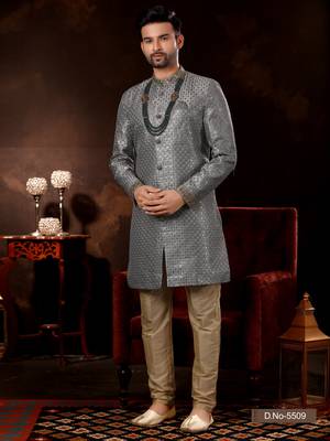 Gray computer amrodery booti with thread silver zari work mens  sherwani 1