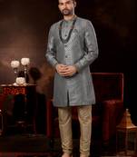 Gray computer amrodery booti with thread silver zari work mens  sherwani