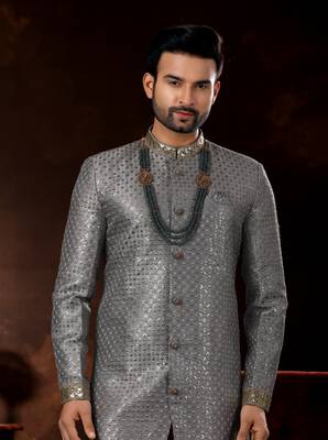 Gray computer amrodery booti with thread silver zari work mens  sherwani 2