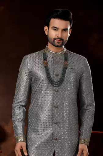 Gray computer amrodery booti with thread silver zari work mens  sherwani
