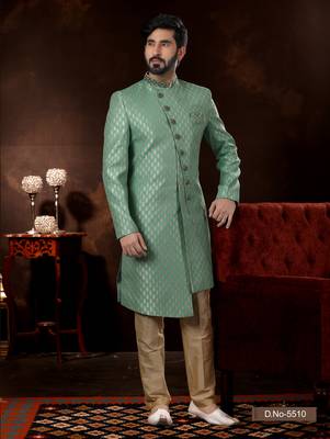 Sea green havy jackard with zari hand work mens  sherwani 1
