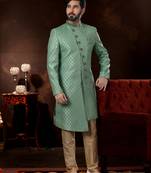 Sea green havy jackard with zari hand work mens  sherwani