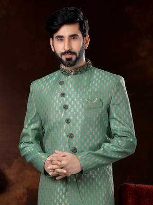 Sea green havy jackard with zari hand work mens  sherwani 2