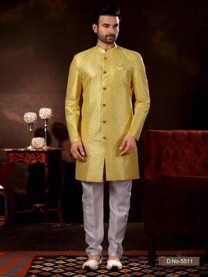 Yellow computer amrodery booti with thread work mens  sherwani 1