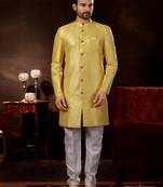 Yellow computer amrodery booti with thread work mens  sherwani
