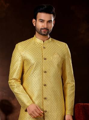 Yellow computer amrodery booti with thread work mens  sherwani 2