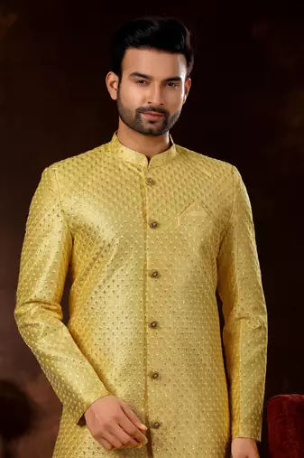 Yellow computer amrodery booti with thread work mens  sherwani
