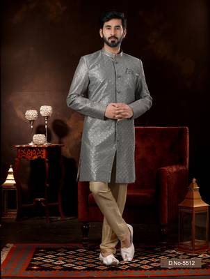 Gray computer amrodery booti with thread work mens  sherwani 1