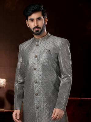 Gray computer amrodery booti with thread work mens  sherwani 2