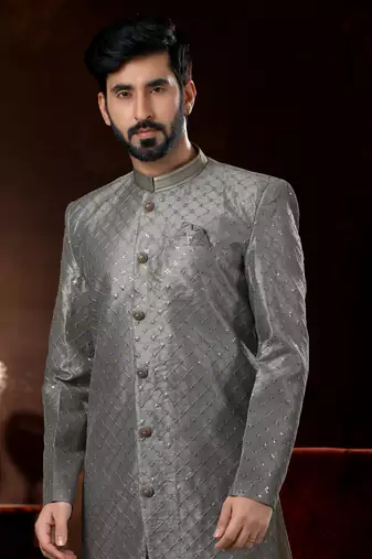 Gray computer amrodery booti with thread work mens  sherwani
