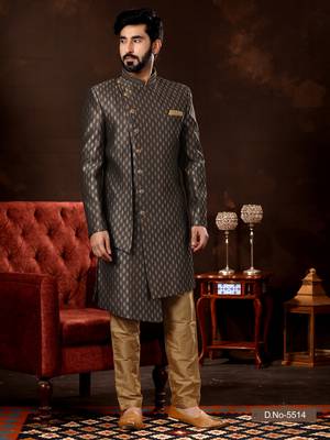 Gray havy zari work jackard with ston hand work mens  sherwani 1