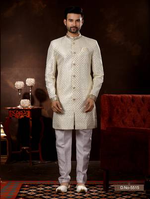 Cream computer amrodery booti with thread silver zari work mens  sherwani 1