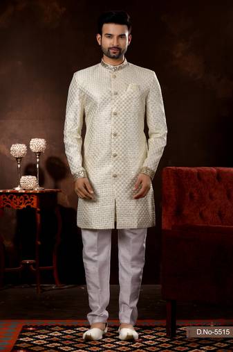 Cream computer amrodery booti with thred silver zari work mens  sherwani