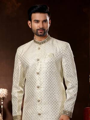 Cream computer amrodery booti with thread silver zari work mens  sherwani 2
