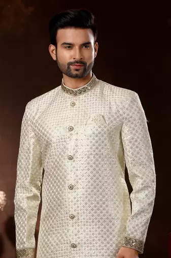 Cream computer amrodery booti with thread silver zari work mens  sherwani