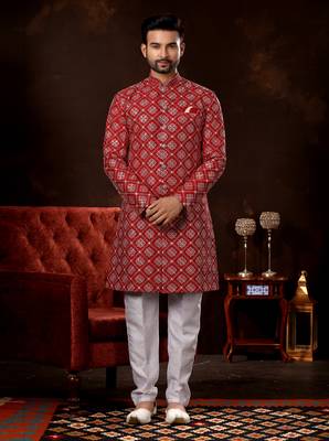 Maroon lucknowi full amrodery with thread work mens  sherwani 1