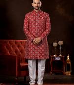Maroon lucknowi full amrodery with thread work mens  sherwani