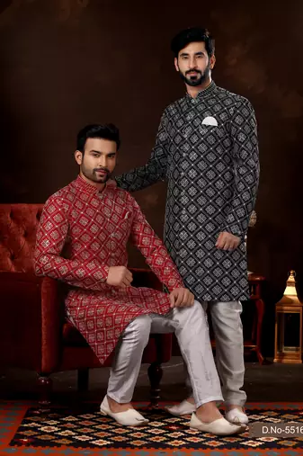 Maroon lucknowi full amrodery with thread work mens  sherwani