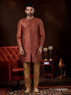 L. red computer amrodery booti with thread silver zari work mens  sherwani 1
