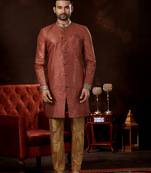 L. red computer amrodery booti with thread silver zari work mens  sherwani