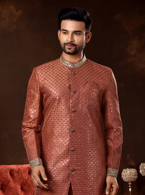 L. red computer amrodery booti with thread silver zari work mens  sherwani 2