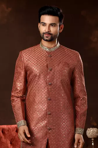 L. red computer amrodery booti with thread silver zari work mens  sherwani