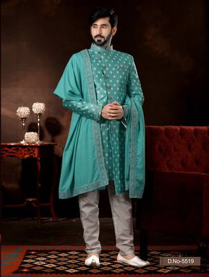 Firozi jackard digital printed amrodery work mens  sherwani 1