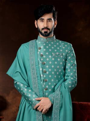 Firozi jackard digital printed amrodery work mens  sherwani 2