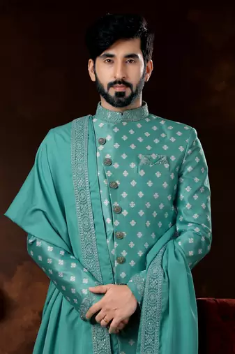 Firozi jackard digital printed amrodery work mens  sherwani