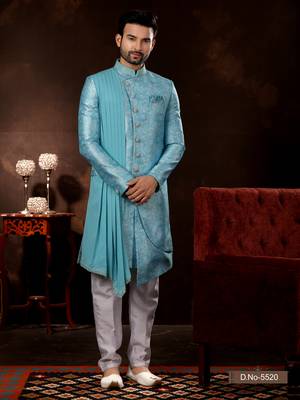 Sky blue havy jackard with  amrodery thread work mens  sherwani 1