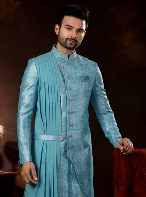 Sky blue havy jackard with  amrodery thread work mens  sherwani 2