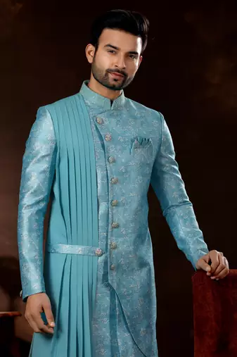 Sky blue havy jackard with  amrodery thread work mens  sherwani
