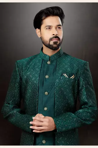 Bottal green havy classic indowestern sherwani with thread and less work with extra palla  mens  sherwani