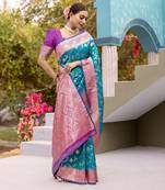 Sky blue Faux Silk Blend sarees with contrast weaving blouse