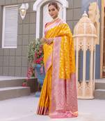 Yellow Faux Silk Blend sarees with contrast weaving blouse
