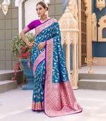 Blue Faux Silk Blend sarees with contrast weaving blouse