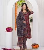 Maroon women cotton printed aline kurta pant with dupatta set